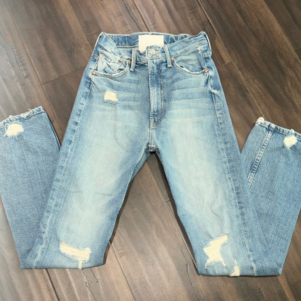 MOTHER High Rise Straight Jeans with some distress